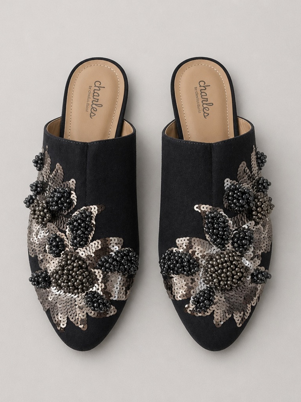 Charles By Charles David Black Beaded Floral Mules
